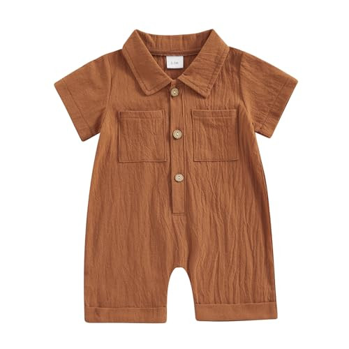Honganda Newborn Baby Boy Summer Jumpsuit Short Sleeve Button Down Cotton Linen Shirt Romper Gentleman One Piece Outfit (Brown, 6-12 Months) | Amazon (US)