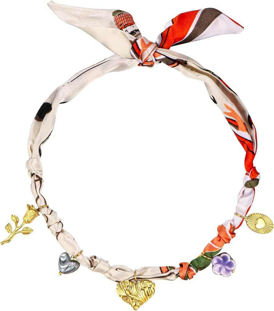 Boho Silk Scarf Necklace with Gold Plated Heart Love Sun Rose Flower Star Fish Charms, Adjustable... | Amazon (US)