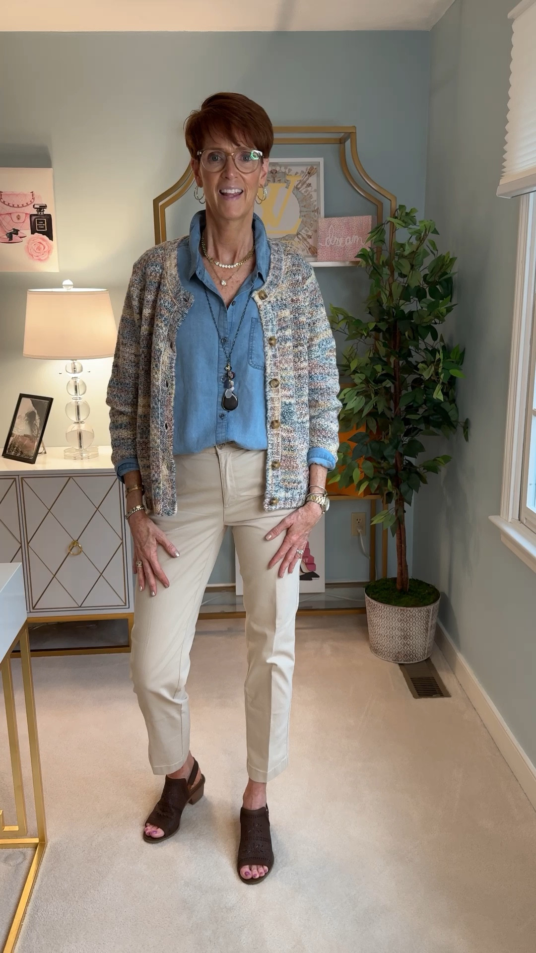 Wearing a medium in the top and the sweater and wearing an 8 in the pants.

Hey fashion lovers! Today, I'm excited to share a chic and versatile fall outfit from Coldwater Creek that perfectly embodies timeless, classic, everyday style. Whether you're heading to the office or enjoying a casual day out, these pieces will have you looking effortlessly stylish.

🌟 Chambray Shirt: A must-have wardrobe staple, this chambray shirt is soft, breathable, and perfect for layering. Its classic fit and timeless appeal make it a versatile piece for any season.

🍁 Multi Fall Color Cardigan: Add a pop of autumn hues to your look with this cozy cardigan. The rich fall colors and comfortable knit make it ideal for staying warm and stylish.

👖 Khaki Flat Front Chino Pants: These khaki chinos offer a polished yet relaxed vibe. Their flattering fit and neutral tone make them a perfect match for any top or accessory.

👡 Brown Open Toe Sling Backs: Elevate your outfit with these elegant sling backs. The open toe design adds a touch of sophistication, while the brown hue complements any ensemble.

💎 Multi Stone Necklace: This stunning necklace features a mix of stones that add a touch of glamour to your outfit. It's the perfect statement piece to complete your look.

👜 Felted Wool Clutch: Carry your essentials in style with this felted wool clutch. The neutral tones make it a versatile accessory that pairs beautifully with any outfit.


#LTKFindsUnder100 #LTKStyleTip #LTKOver40