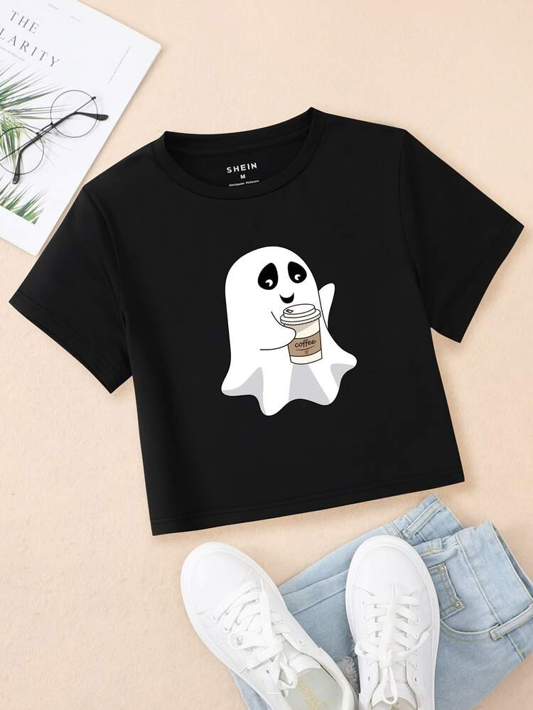 Cartoon Ghost Print Crop Tee | SHEIN