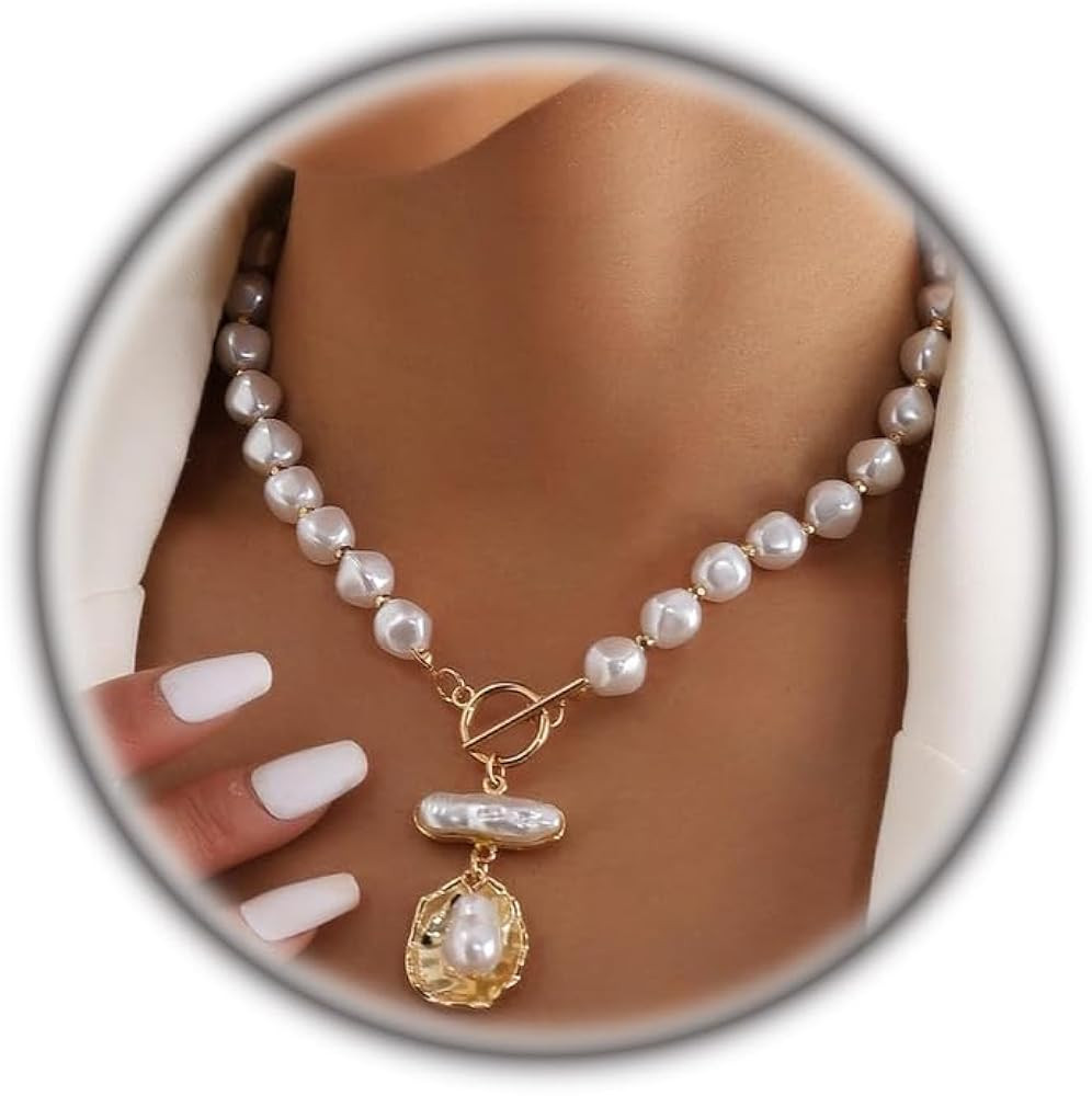 Dainty Vintage Pearls Clasp Necklace for Women, Geometric Pendant Necklaces Stacking Beaded Pearl... | Amazon (US)