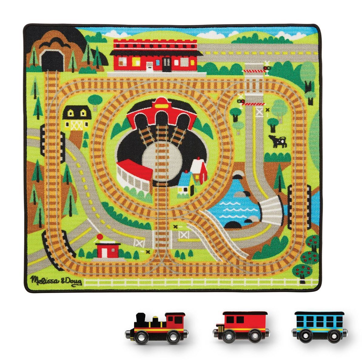 Melissa & Doug Round the Rails Train Rug With 3 Linking Wooden Train Cars  (39 x 36 inches) | Target