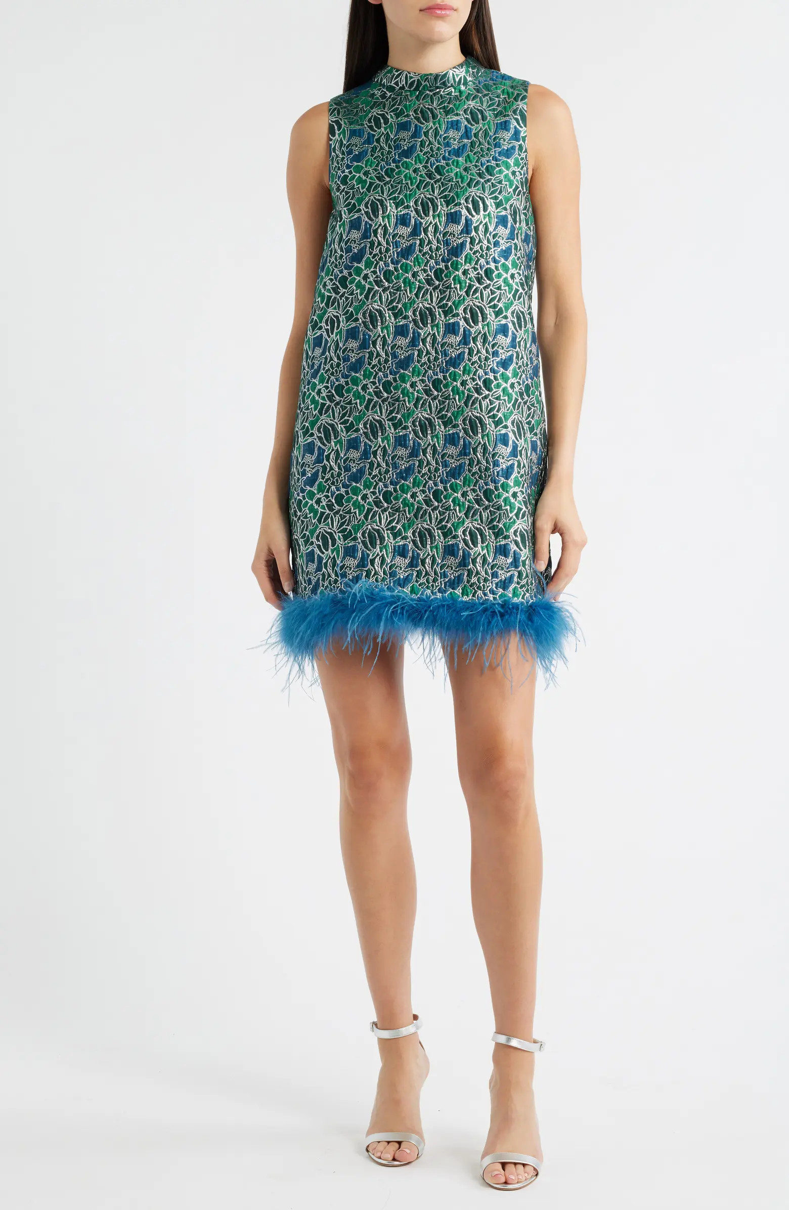 Alyssa Jacquard Feather Trim Sleeveless Minidress | Nordstrom