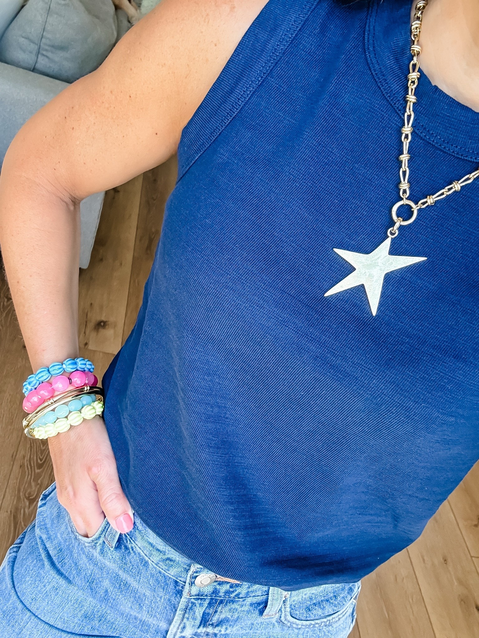 Jewelry code JUNEVIP for 30% off one time use or code HOUSEOFLEO20. Navy blue tank top XS petite. Star necklace, beaded bracelets, Summer jewelry.

#LTKSaleAlert #LTKOver40 #LTKPetite