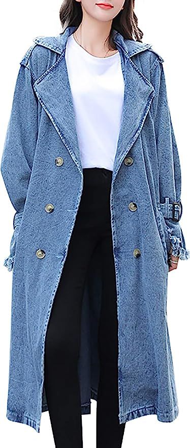QZUnique Women Long Denim Coat With Belt Long Sleeves Windbreaker Plus Jean Jacket Outwear | Amazon (US)