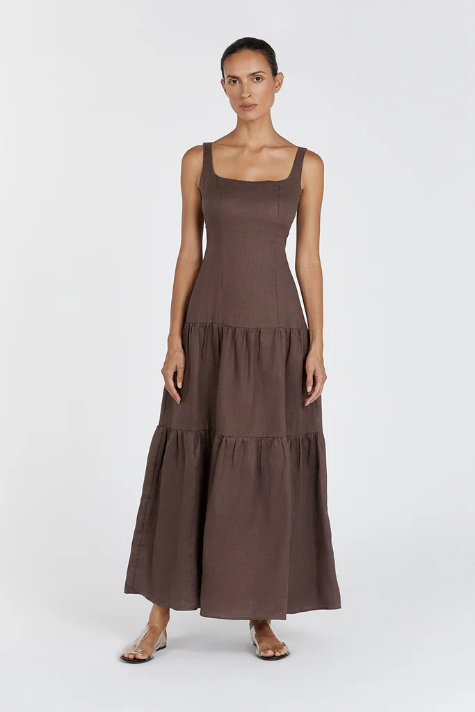 CAMILLE CHOCOLATE LINEN MAXI DRESS | DISSH