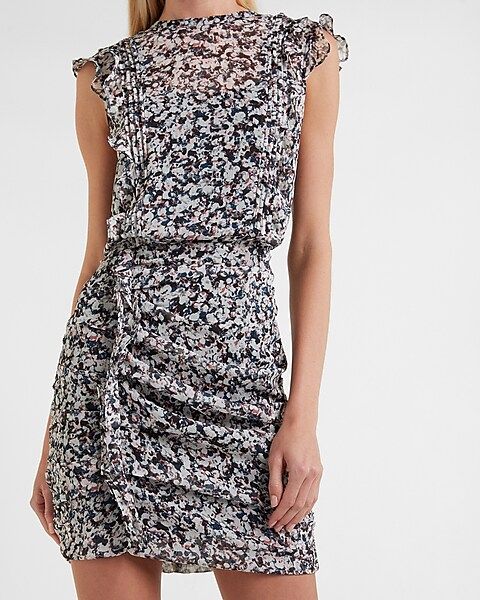 Printed Ruffle Ruched Front Sheath Dress | Express