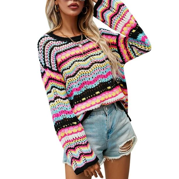 CAITZR Women Crochet Long Sleeve Crop Tops Color Block Hollow Out Sexy Square Neck Knitted Pullov... | Walmart (US)