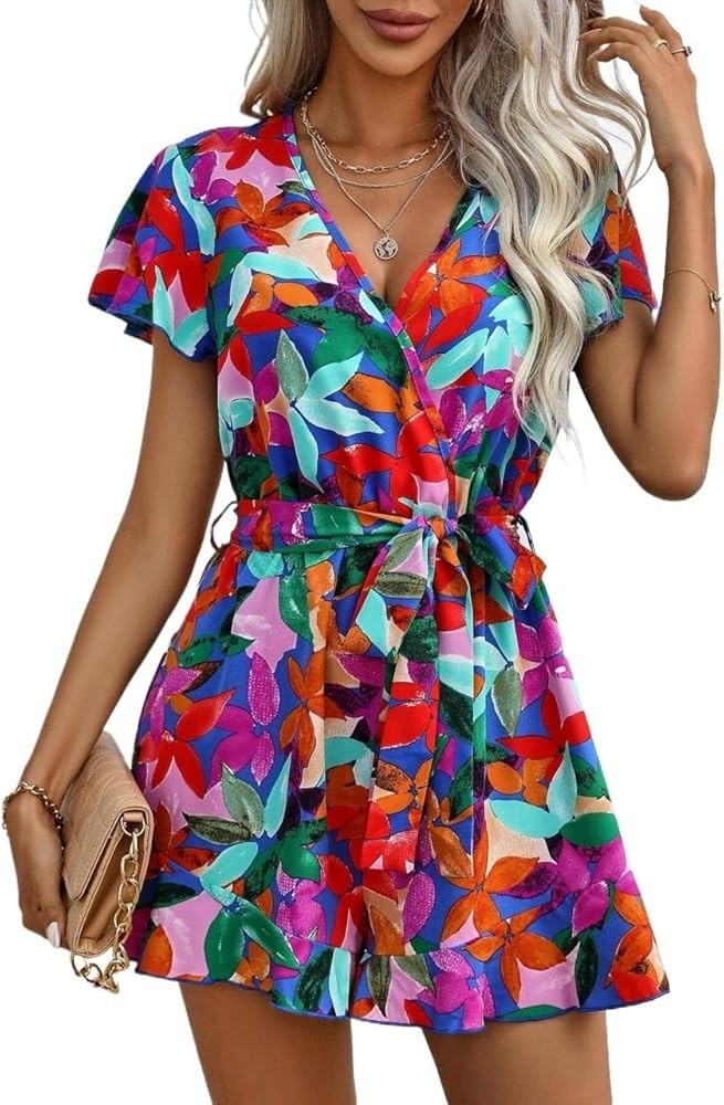 Women Jumpsuit Casual Short Sleeve Print Belted Romper | Amazon (US)