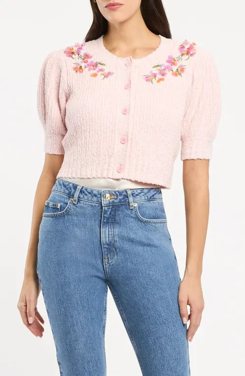 Cinq à Sept Millicent Floral Embellished Cardigan in Rosy Cloud at Nordstrom, Size Medium | Nordstrom