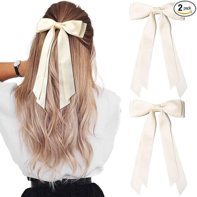 2PCS Silky Satin Hair Bows Hair Clip Light Beige Hair Ribbon Ponytail Holder Accessories Slides M... | Amazon (US)
