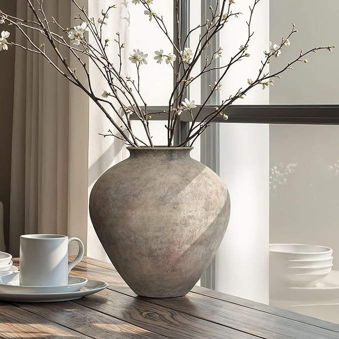 LuxenHome Rustic Ceramic Vase, 12.5" Tall Terracotta Pot with Earthy Gray-Brown Finish, Farmhouse... | Amazon (US)