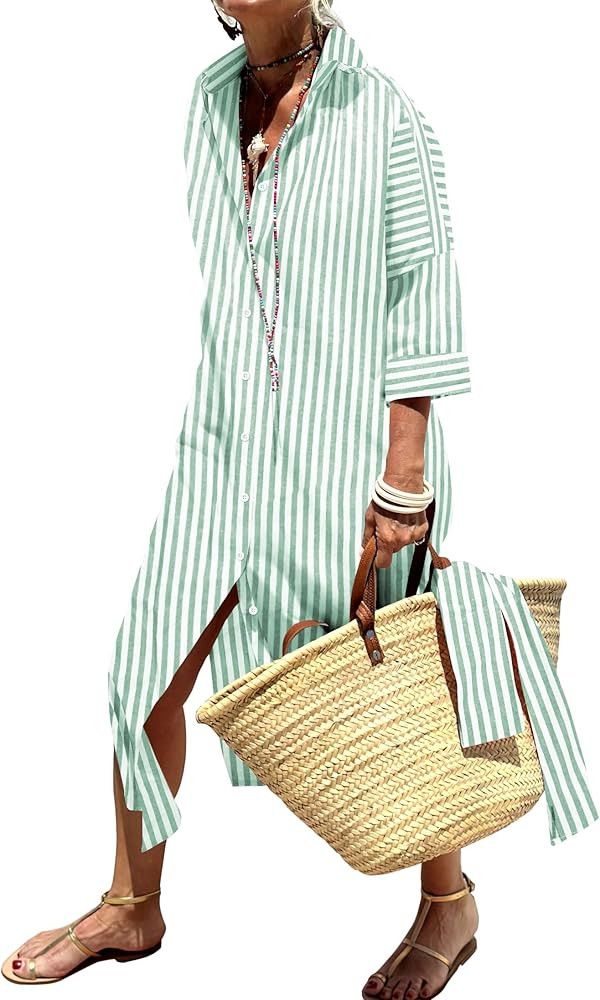 Womens Shirt Dresses Striped Lapel 3/4 Sleeve Maxi Dress Button Down Split Belted | Amazon (US)