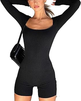 Muineobuka Ribbed Knit Bodycon Short Jumpsuit Long Sleeve Square Collar Sport Biker Short Rompers | Amazon (US)