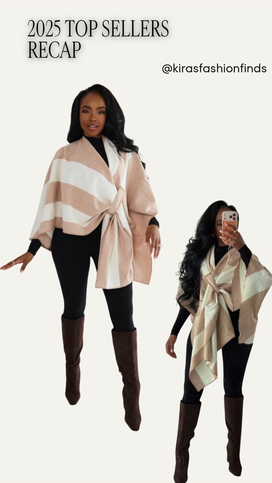 Cozy-chic layers that instantly elevate a simple base 🤍  
This wrap-style poncho is one of those throw-on-and-go pieces that makes leggings + boots feel intentional.

Perfect for: fall errands, travel days, casual dinners, and everyday layering.

📏 Sizing & fit:  
Size Small  
Height: 5'4" | Weight: 138 lbs  
Bust: 34D | Waist: 27" | Hips: 40"

Soft neutral outfit, wrap poncho outfit, fall layering piece, everyday chic outfit, capsule wardrobe staple, boots and leggings look, cozy elevated style.

Follow me on Instagram and YouTube @kirasfashionfinds