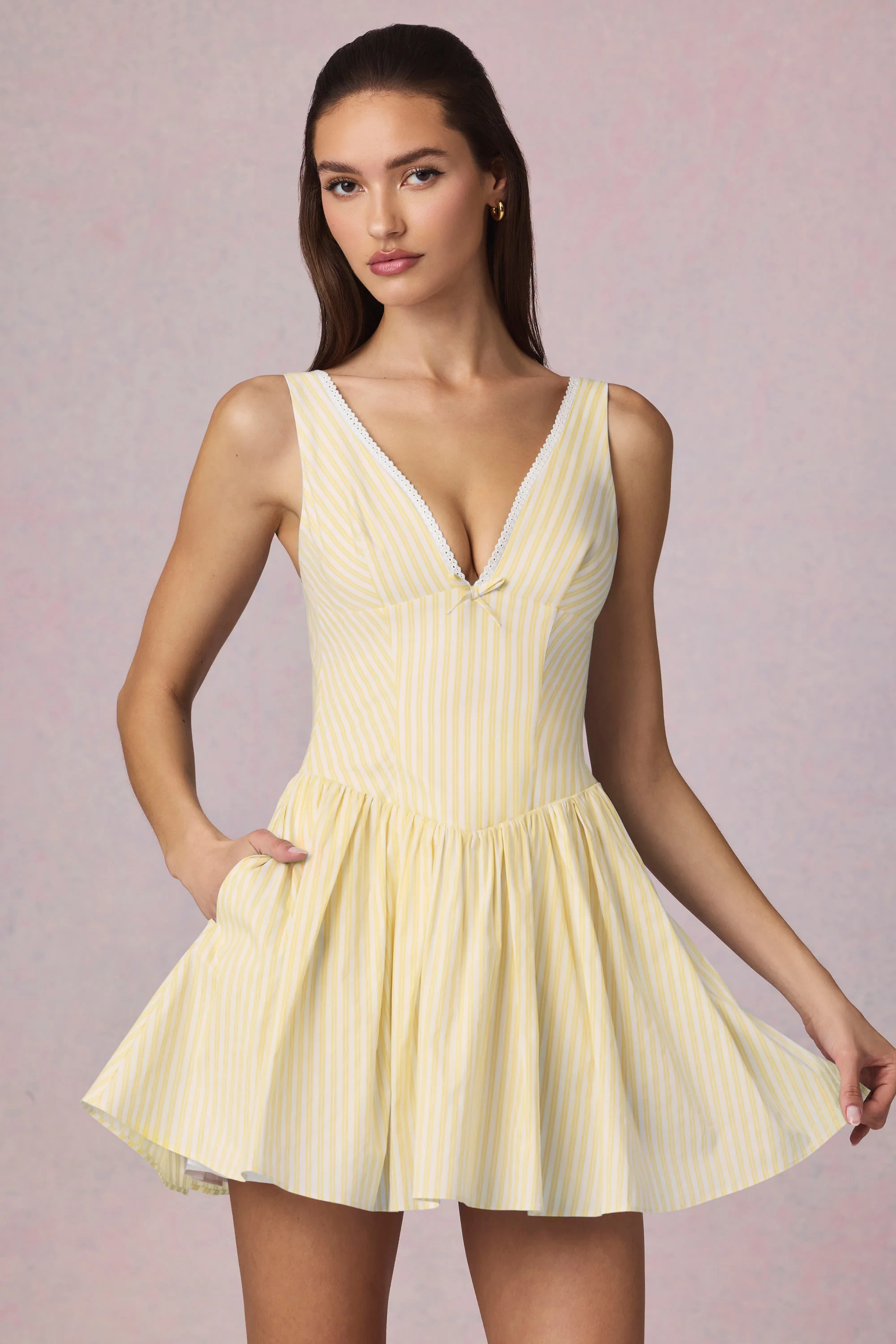Bow-Detail A-Line Mini Dress in Lemon Yellow Stripe | Oh Polly