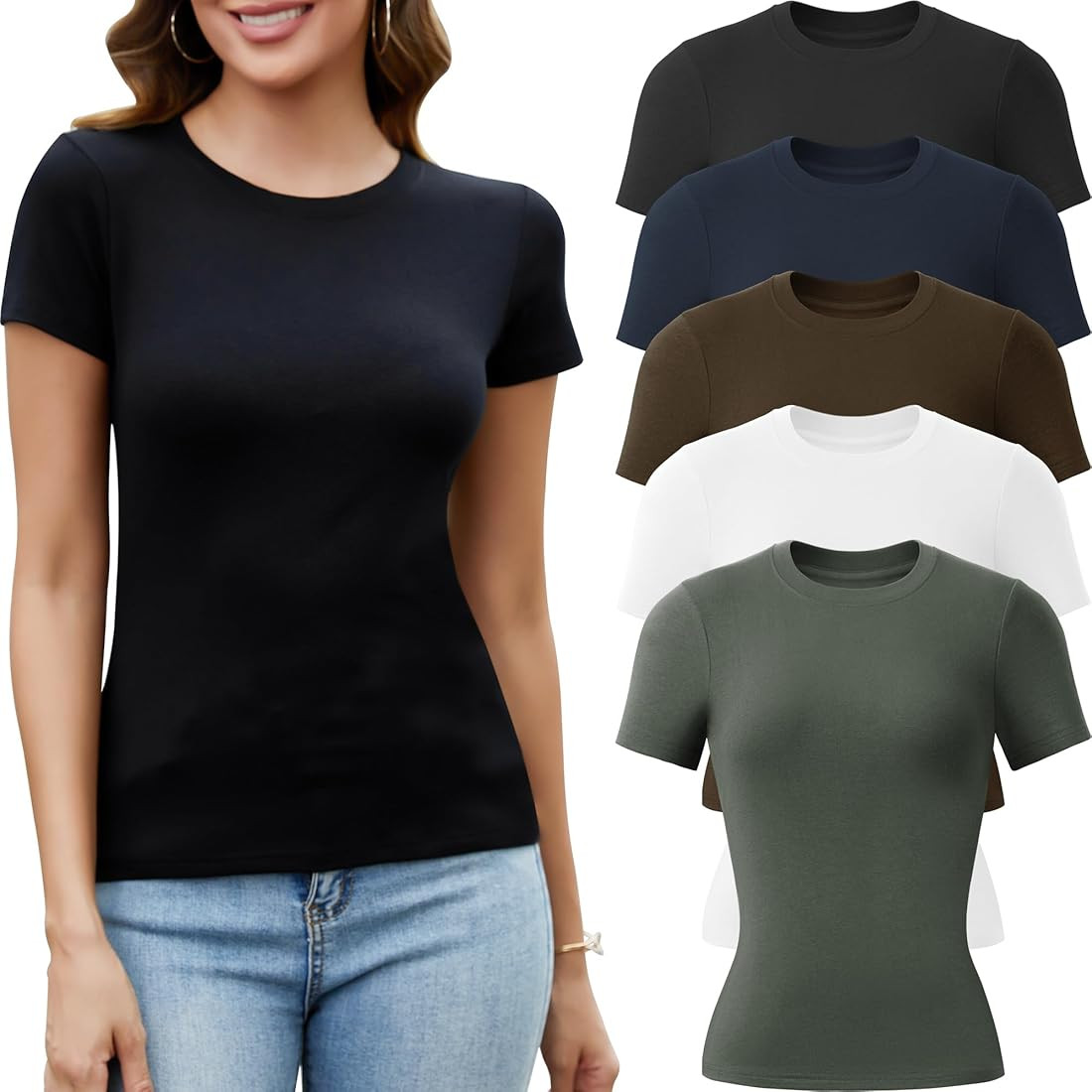 5 Pack Crew Neck T Shirts for Women Daily Casual Womens Fitted Tshirt Basic Tops for Women Stretc... | Amazon (US)
