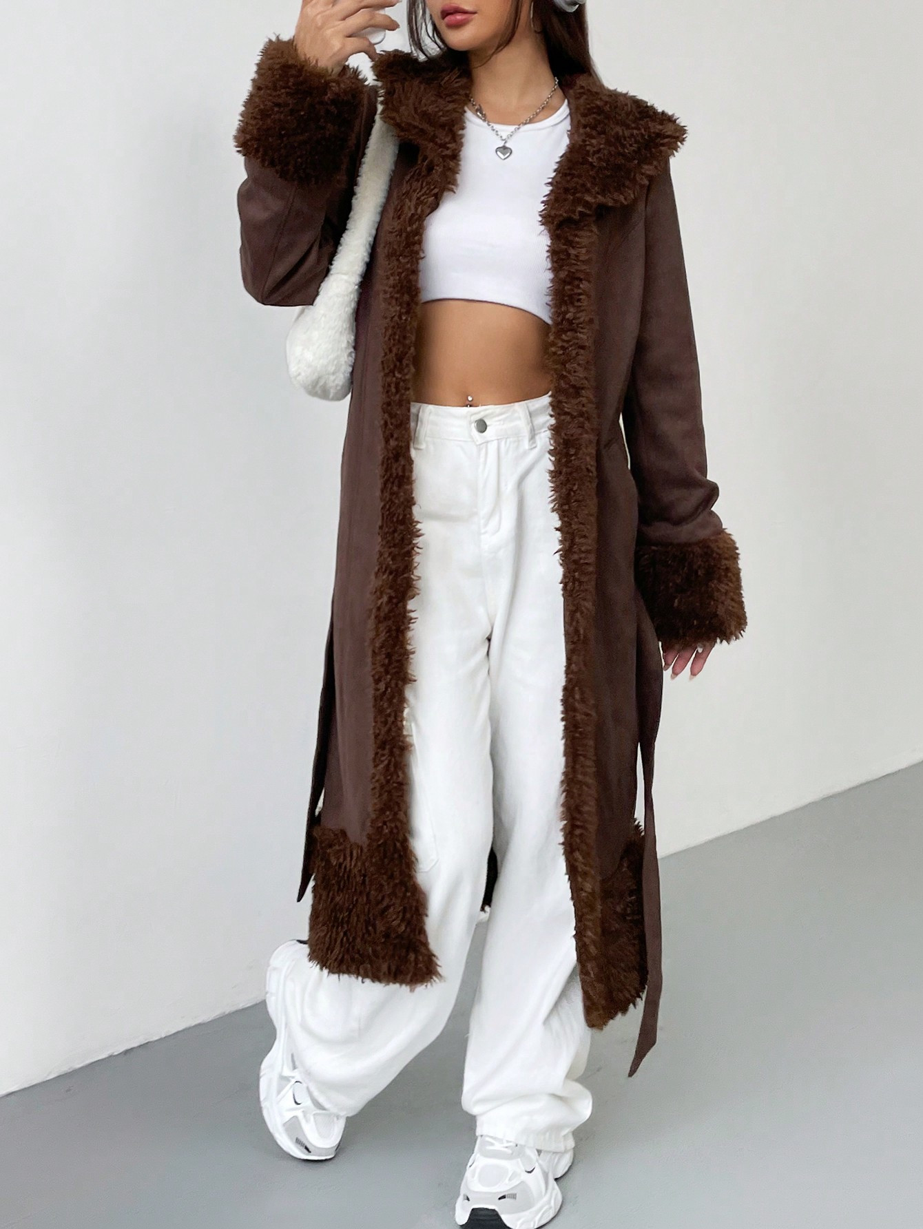 SHEIN EZwear Mid-length Suedette Coat With Trim And Belt | SHEIN