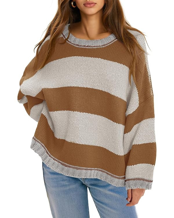 Fisoew Womens Oversized Sweaters Casual Long Sleeve Striped Color Block Crewneck Knitted Loose Fa... | Amazon (US)