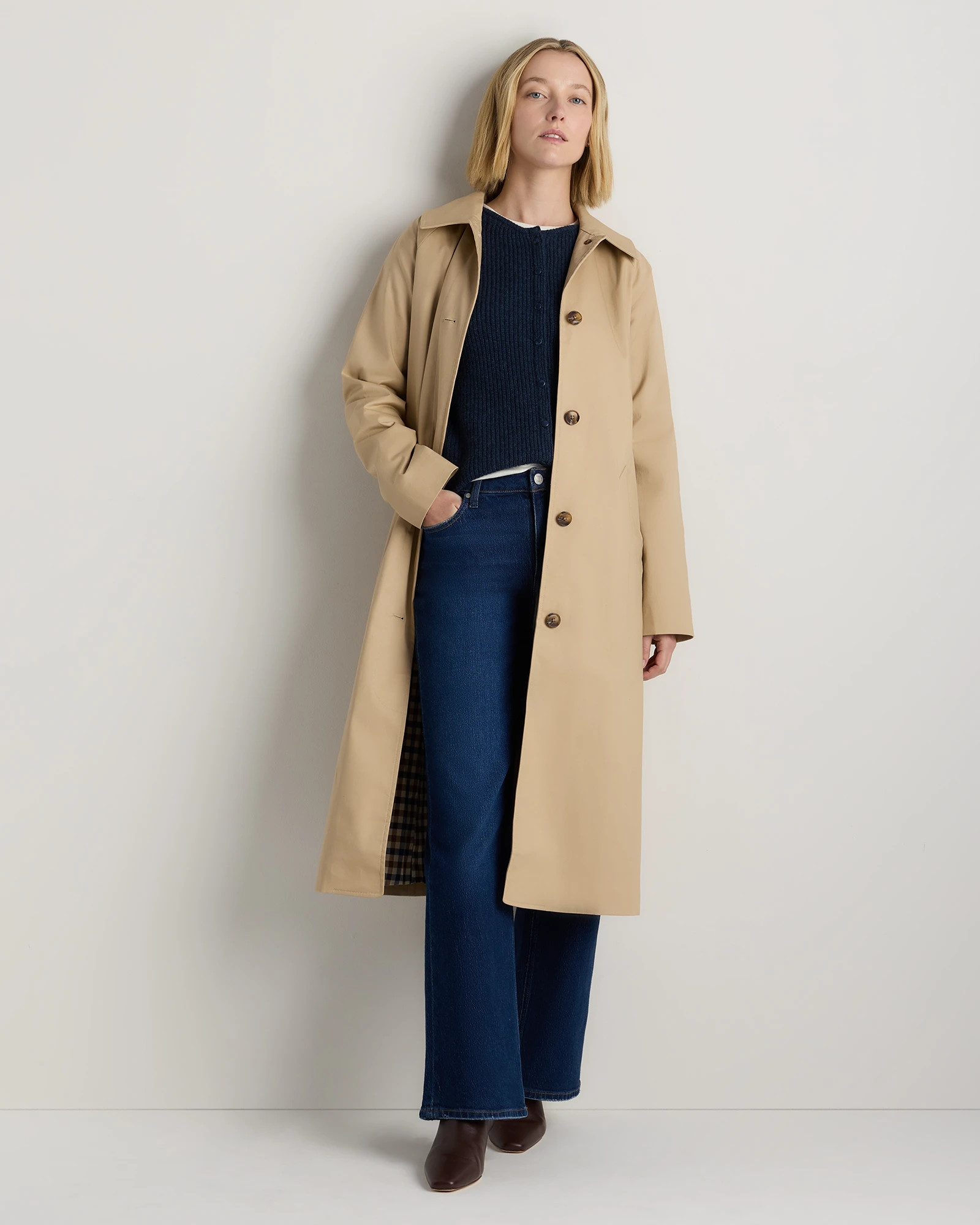 Quince | Women's Comfort Stretch Mac Coat in Navy, Size Medium, Organic Cotton | Quince