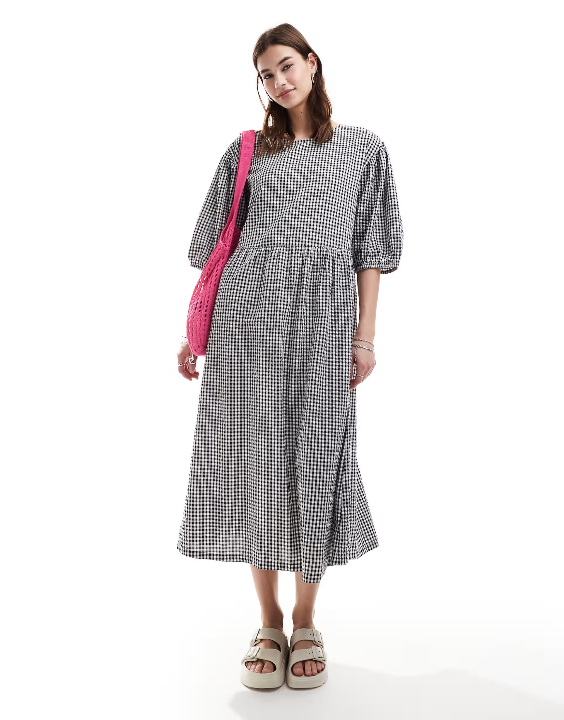 Monki seersucker smock midi dress in black and white gingham | ASOS (Global)