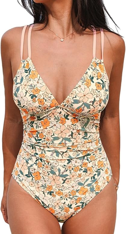 CUPSHE Women's One Piece Swimsuit V Neck Tummy Control Double Adjustable Straps Back Cutout O-Rin... | Amazon (US)