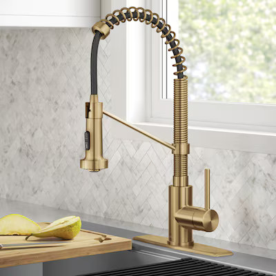 Kraus Bolden Brushed Brass with Deckplate Single Handle Deck-mount Pull-down Kitchen Faucet with ... | Lowe's