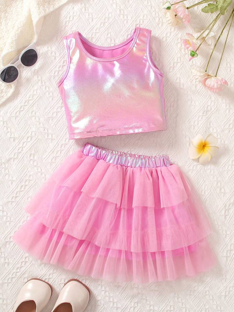 SHEIN Young Girl Fashionable And Cute Pink Ombre Vest And Gauze Skirt Set | SHEIN