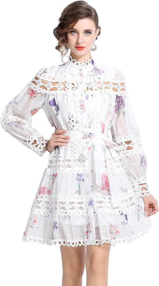 LAI MENG FIVE CATS Women's Hollow Out Lace Puff Sleeves Floral Print Button up Casual Mini Dress | Amazon (US)