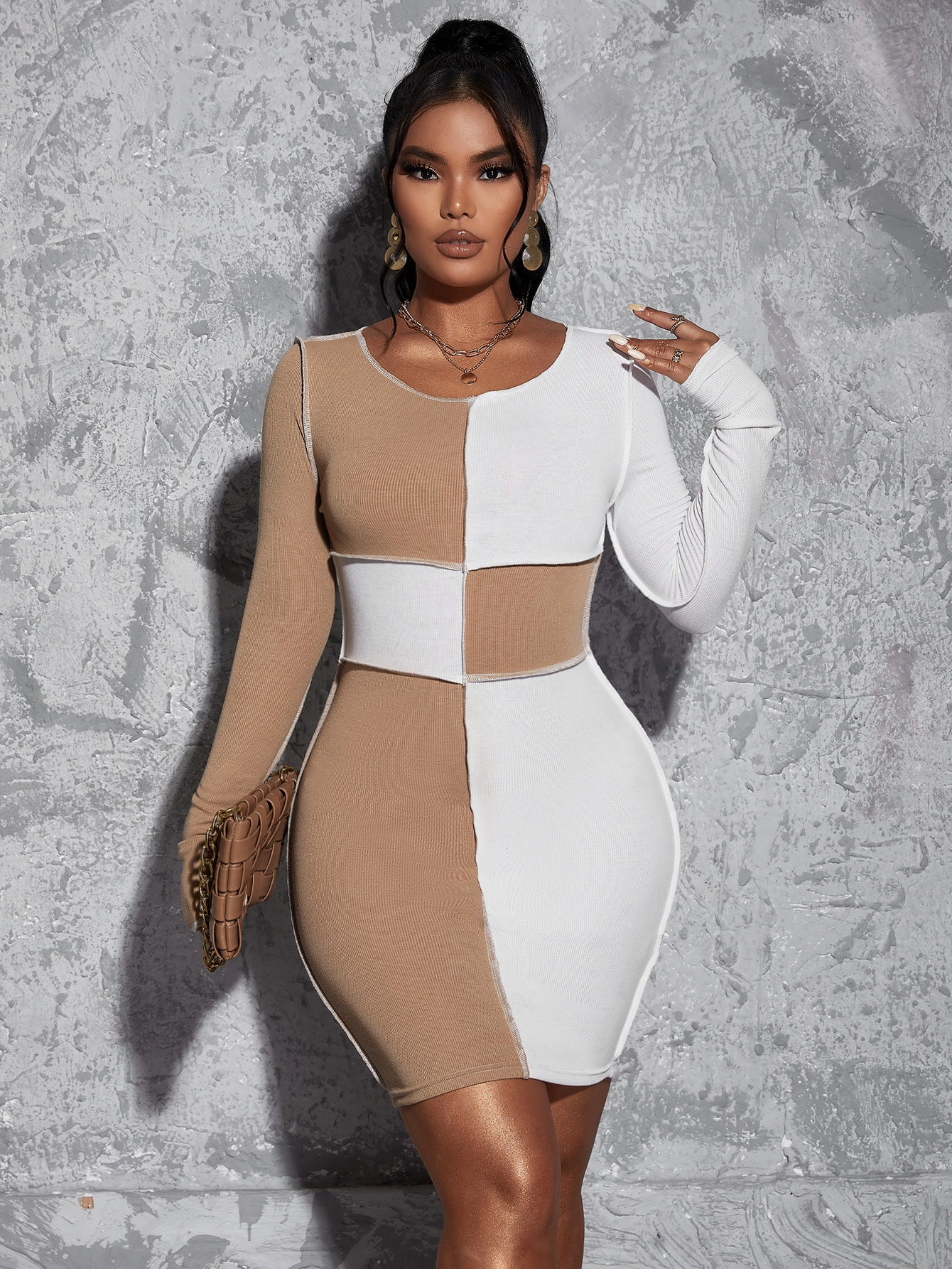 SHEIN SXY Two Tone Top-stitching Bodycon Dress | SHEIN
