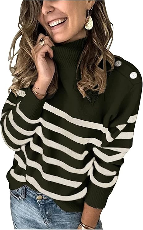 KIRUNDO Women Fall Fashion Striped Sweater Turtleneck Long Sleeve Ribbed Knit Soft Loose Basic Wo... | Amazon (US)