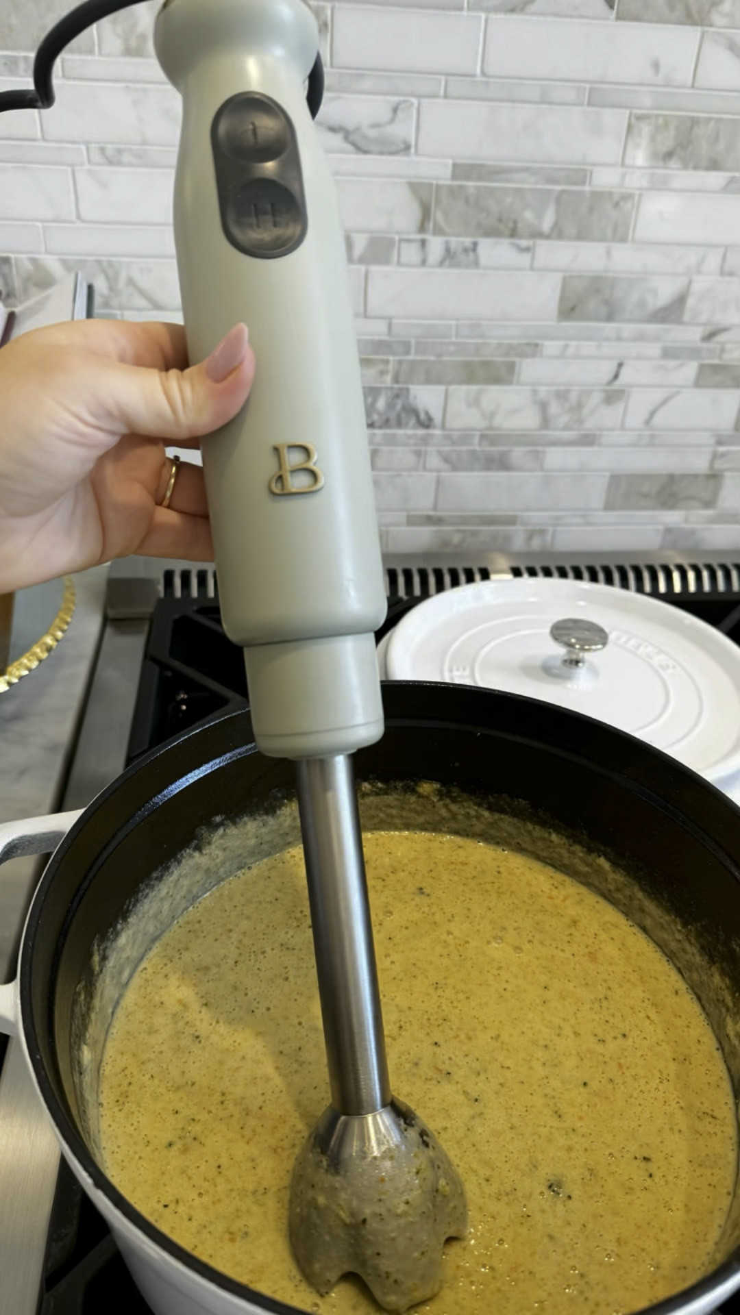 The perfect solution to your soups this fall season!! An immersion handheld blender lets you blend your food right in the pot. So now transferring to a blender (aka less dishes)!! I have the sage green which is so cute but I love the white and other colors too!!
#walmart #kitchengadget #cookinghack #kitchentool

#LTKVideo #LTKHome #LTKFindsUnder50
