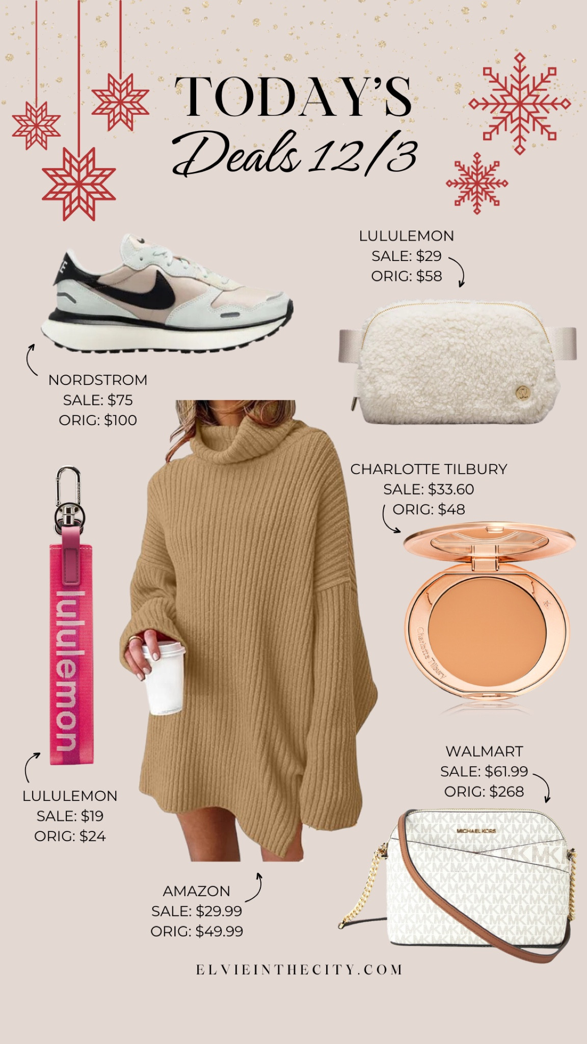 Today’s deals include Nike sneakers from Nordstrom, a fleece belt bag from Lululemon, a keychain from Lululemon, a turtleneck sweater dress from Amazon, Charlotte Tilbury powder, and a Michael Kors bag from Walmart. 

Deal of the day, gift ideas for her, gifts under 100, gifts under 50, midlife fashion, fashion over 40, fashion over 50, affordable fashion 

#LTKSaleAlert #LTKStyleTip #LTKFindsUnder50