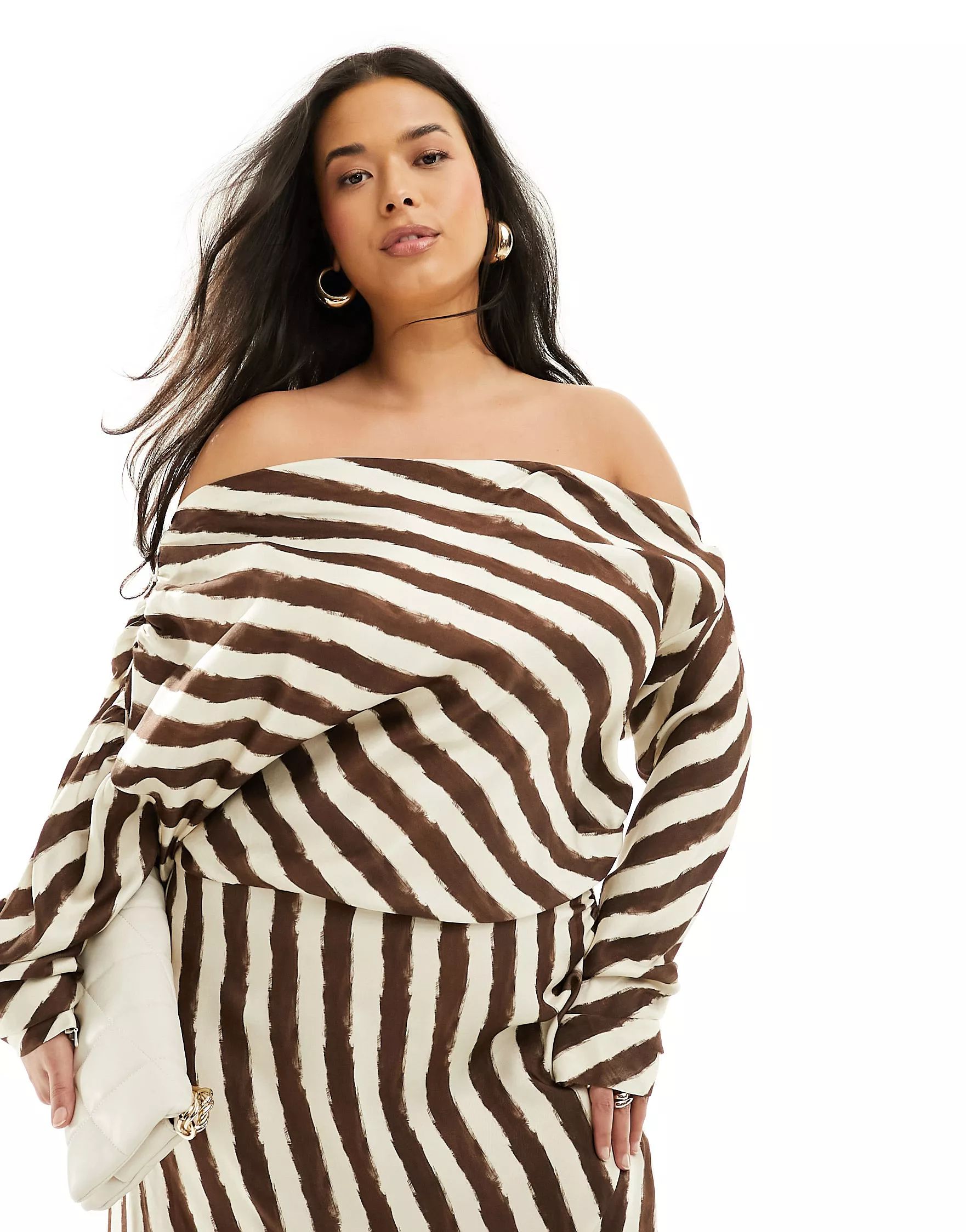 ASOS EDITION Curve fallen shoulder midi dress in chocolate stripe | ASOS (Global)