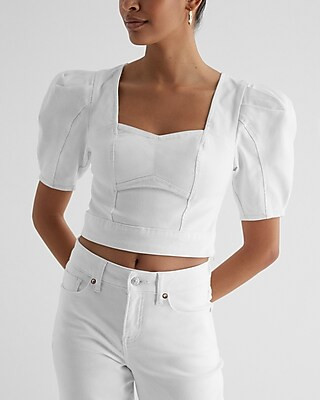 Denim Puff Sleeve Corset Cropped Top | Express