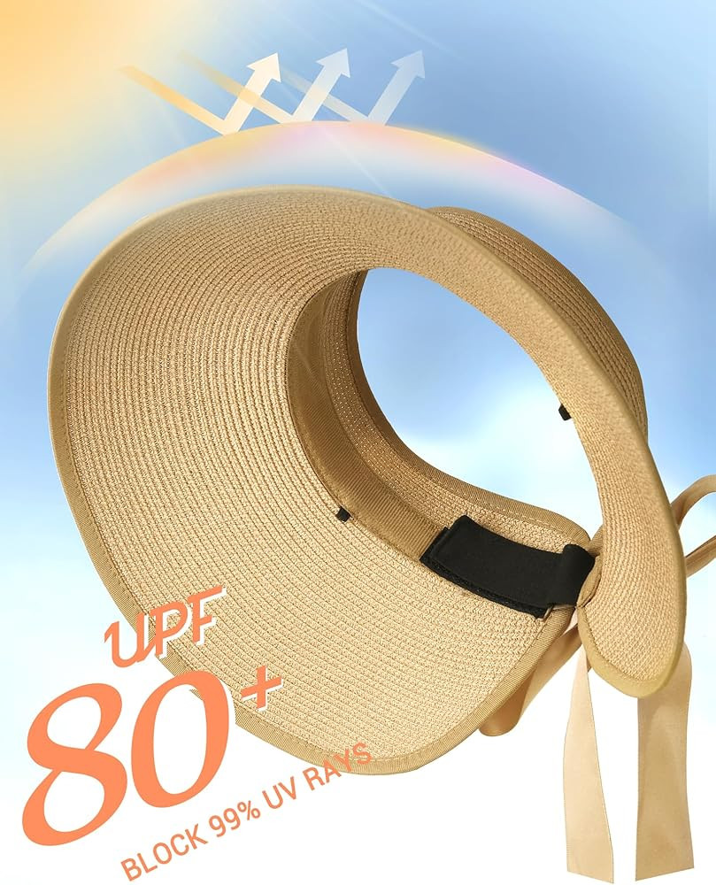 Camptrace UPF 80+ Sun Visors for Women Wide Brim Beach Hat Foldable Straw Visor Hat Ponytail Summ... | Amazon (US)