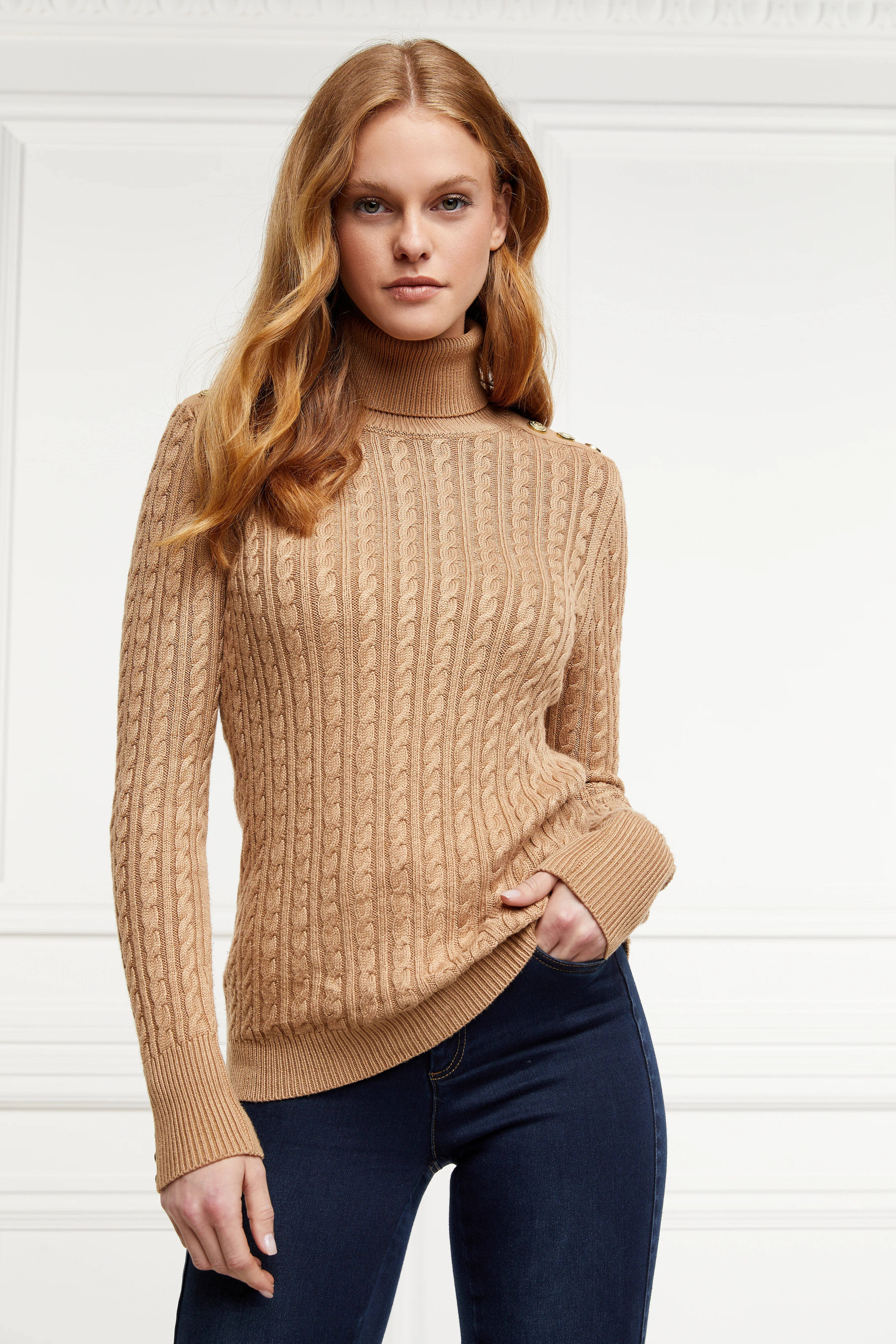 Seattle Roll Neck Cable Knit (Dark Camel Marl) | Holland Cooper