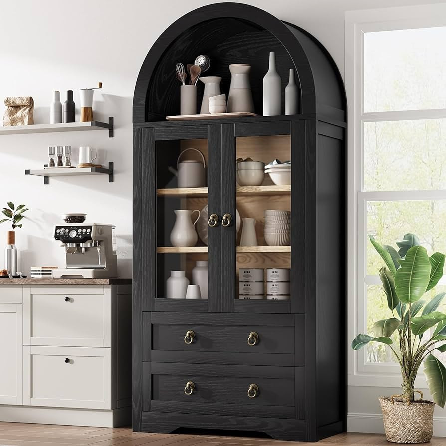 Kitchen Pantry Cabinet, Arched Bookshelf Bookcase China Pantry Storage Cabinet with Drawers Doors... | Amazon (US)