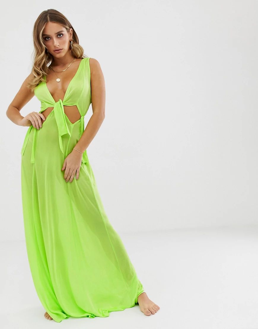 ASOS DESIGN neon green slinky beach maxi dress with knotted waist | ASOS (Global)