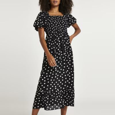 Black spot puff sleeve midi dress | River Island (UK & IE)