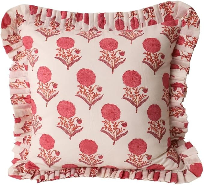 Decorative Throw Pillow Cover, Purple Floral Print with Ruffled Border, Cotton Blend, Square Cush... | Amazon (US)