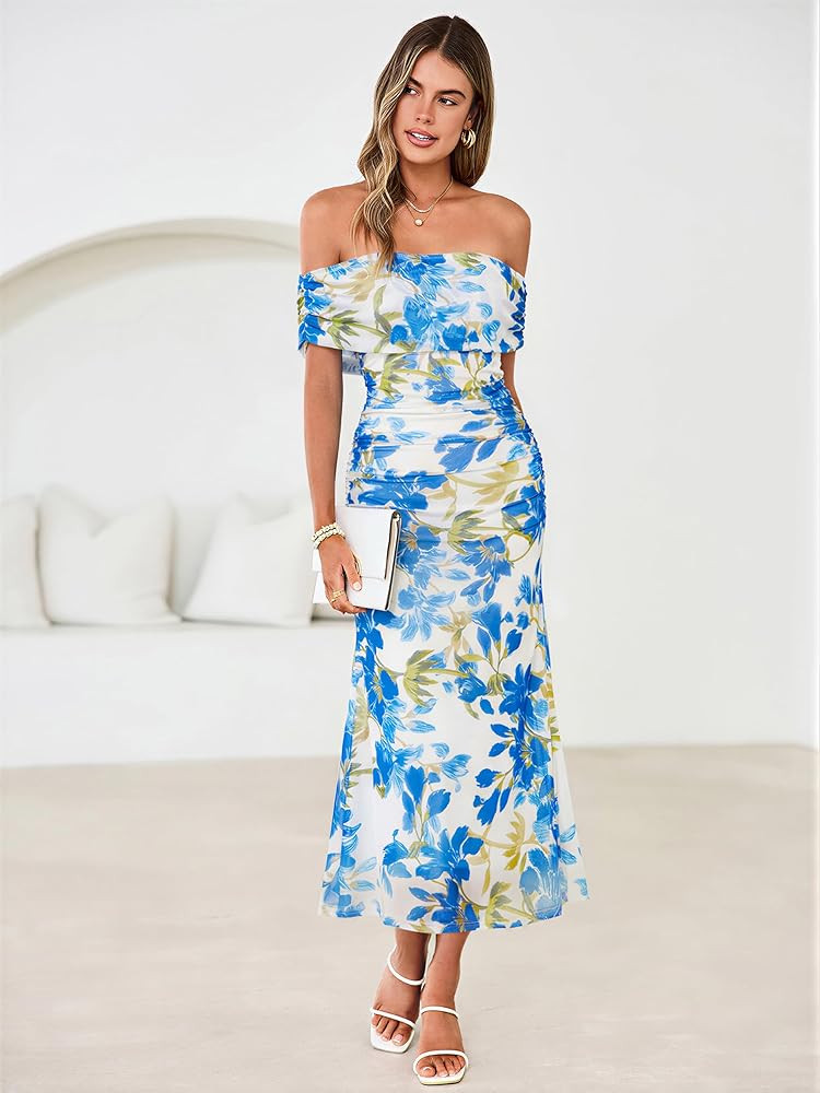 Simplee Womens Summer Floral Off Shoulder Maxi Dress 2026 Spring Ruched Bodycon Formal Wedding Gu... | Amazon (US)