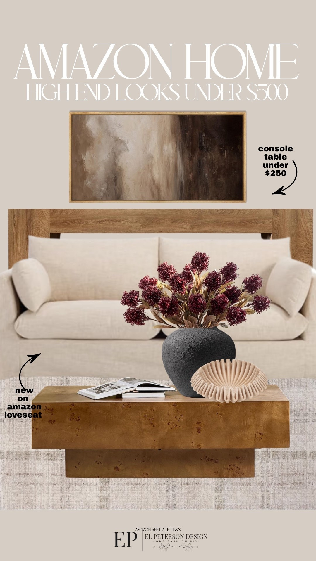 Amazon
Console table 
Stems
Vase
Bowl
Rug
Coffee table 
Loveseat

#LTKHome