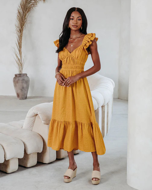 Georgiana Textured Ruffle Midi Dress - Mustard | VICI