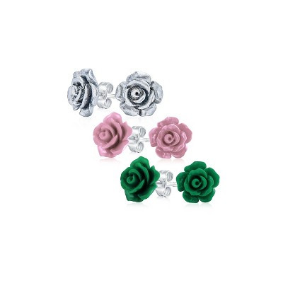 Bling Jewelry Romantic Floral 3D Carved Dark Green Violet Mauve Silver Rose Flower Stud Earrings (Set of 3) Color - Green Set | Target