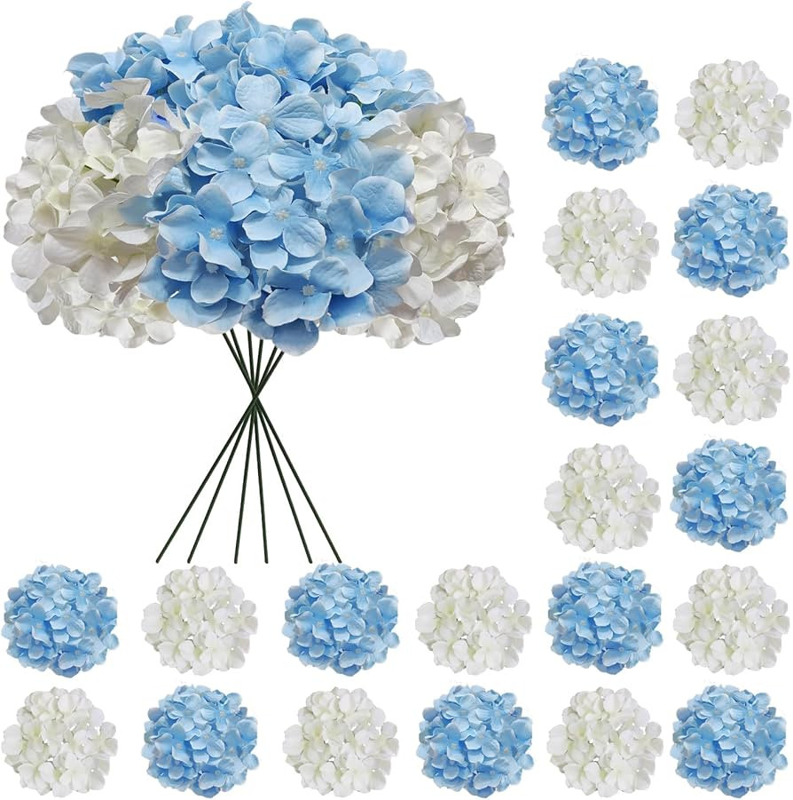 20 Pcs Blue and White Hydrangea Artificial Flowers Bulk, Faux Hydrangea Flowers Heads, Artificial... | Amazon (US)