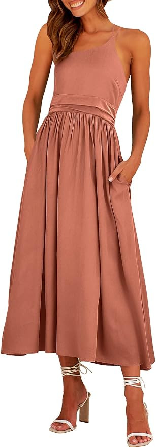 ANRABESS Women's Summer Straps Sundress One Shoulder Sleeveless Pleated High Waist A-Line Flowy M... | Amazon (US)
