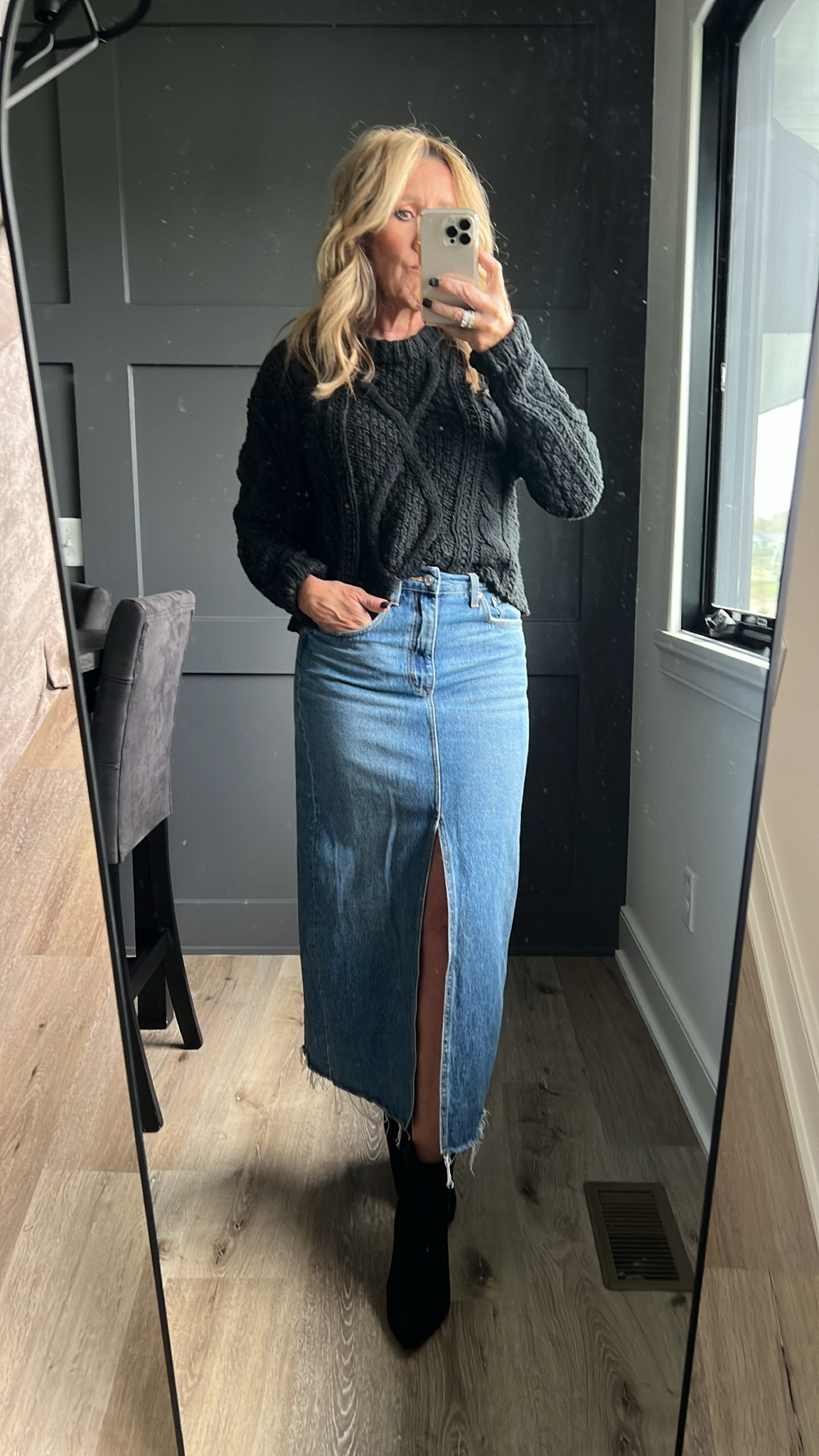 Fall outfit idea for women over 50, family photos, denim midi skirt, denim maxi skirt, styling boots, cable knit sweater, holiday outfits, Thanksgiving outfits

#LTKGiftGuide #LTKover40 #LTKstyletip