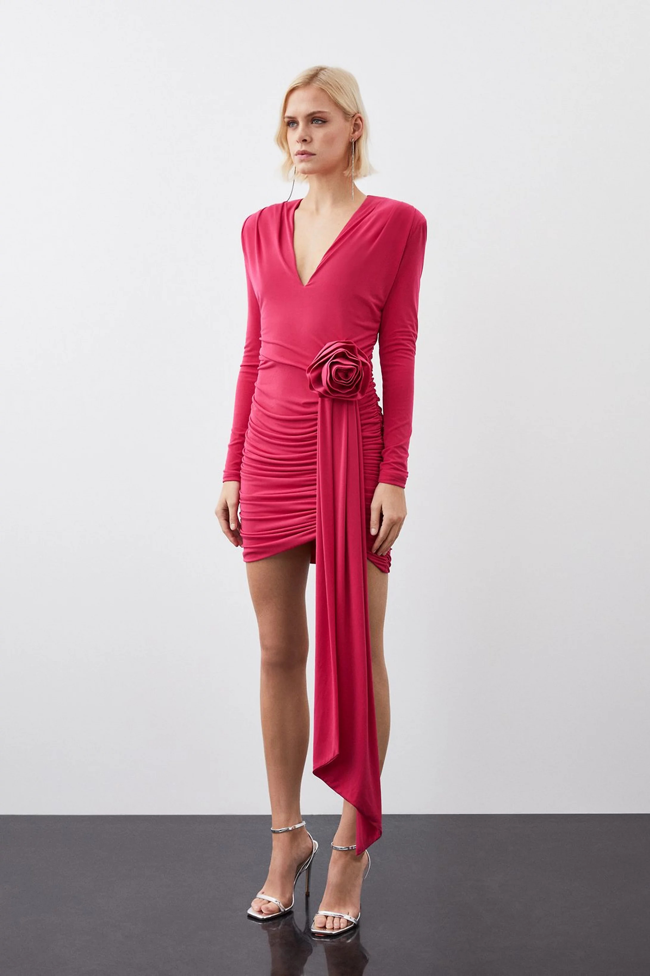 Long Sleeve Drapey Ruched Jersey Rosette Mini Dress | Karen Millen US