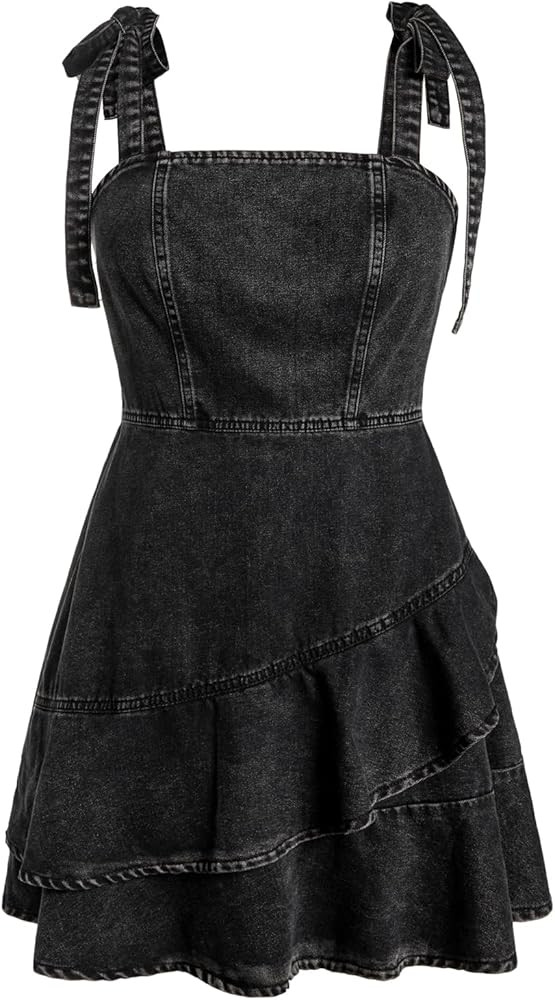 SHENHE Women's Tie Shoulder Sleeveless Denim Mini Dress Layered Ruffle Hem Jean Dress | Amazon (US)